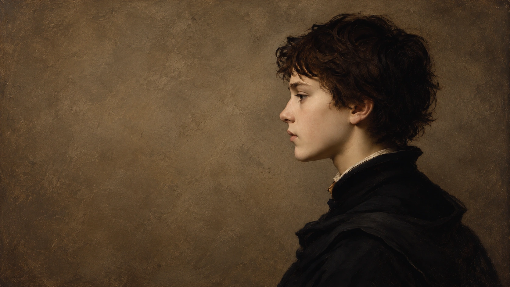 A quiet left-facing portrait of a boy, on a warm brown painted background extended into a landscape composition.