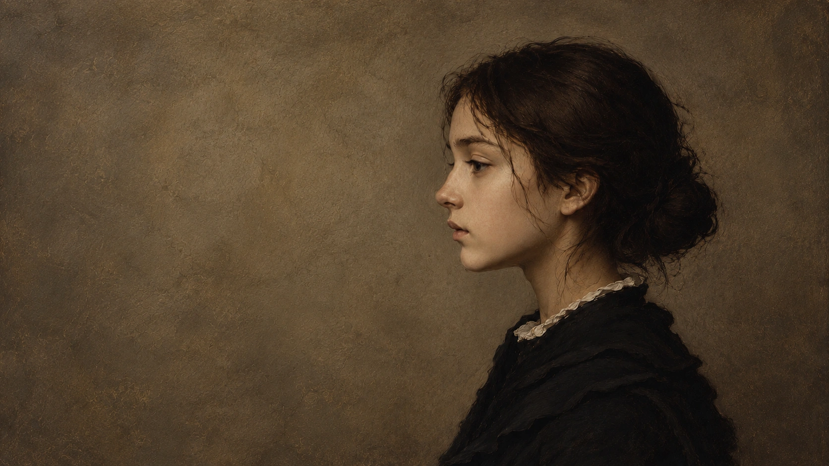 A quiet left-facing portrait of a girl, on a warm brown painted background extended into a landscape composition.