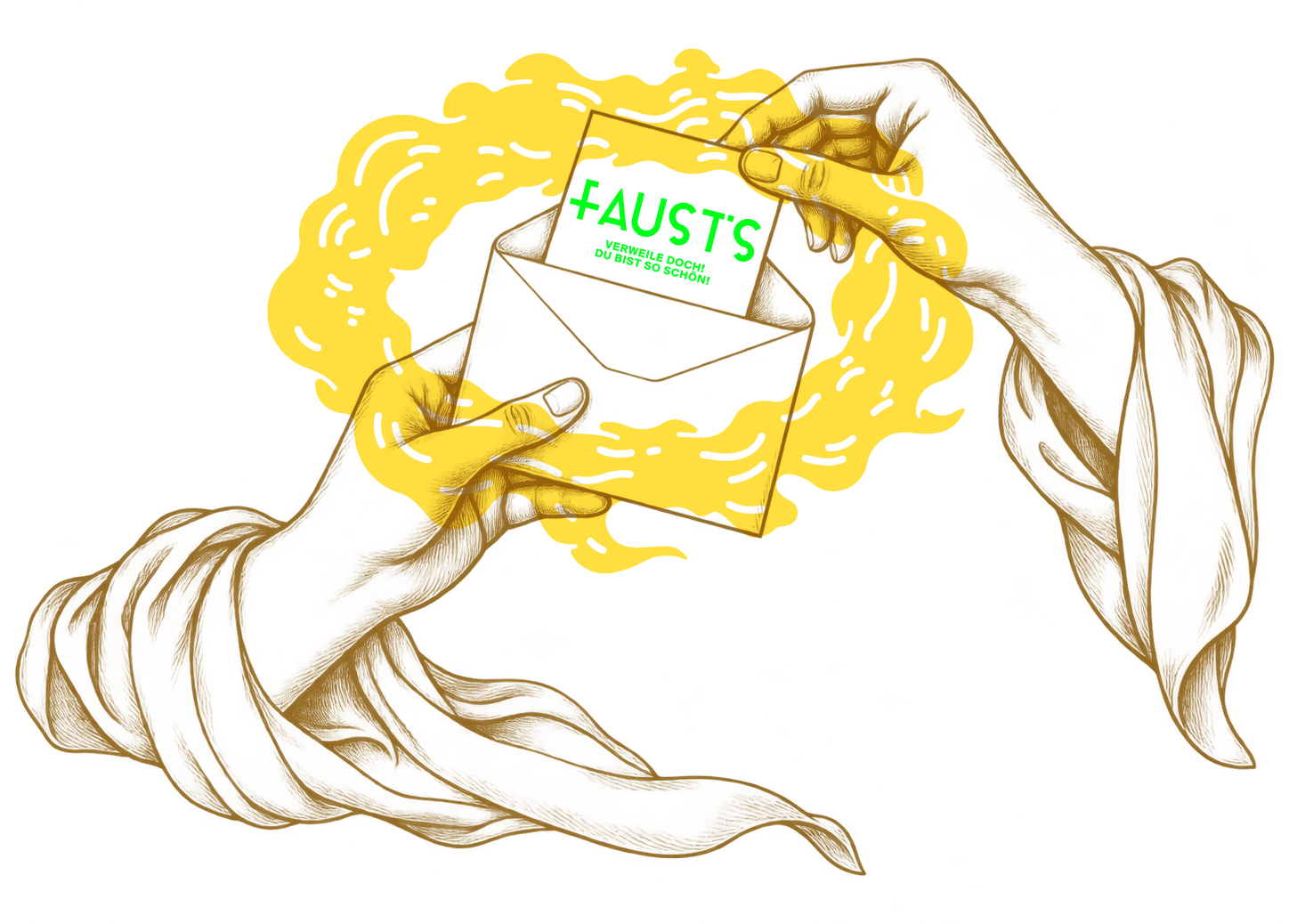 Gold-line hands drawing a Faust’s card from an envelope, with a yellow smoke-ring emblem and green Faust’s lettering on the card.