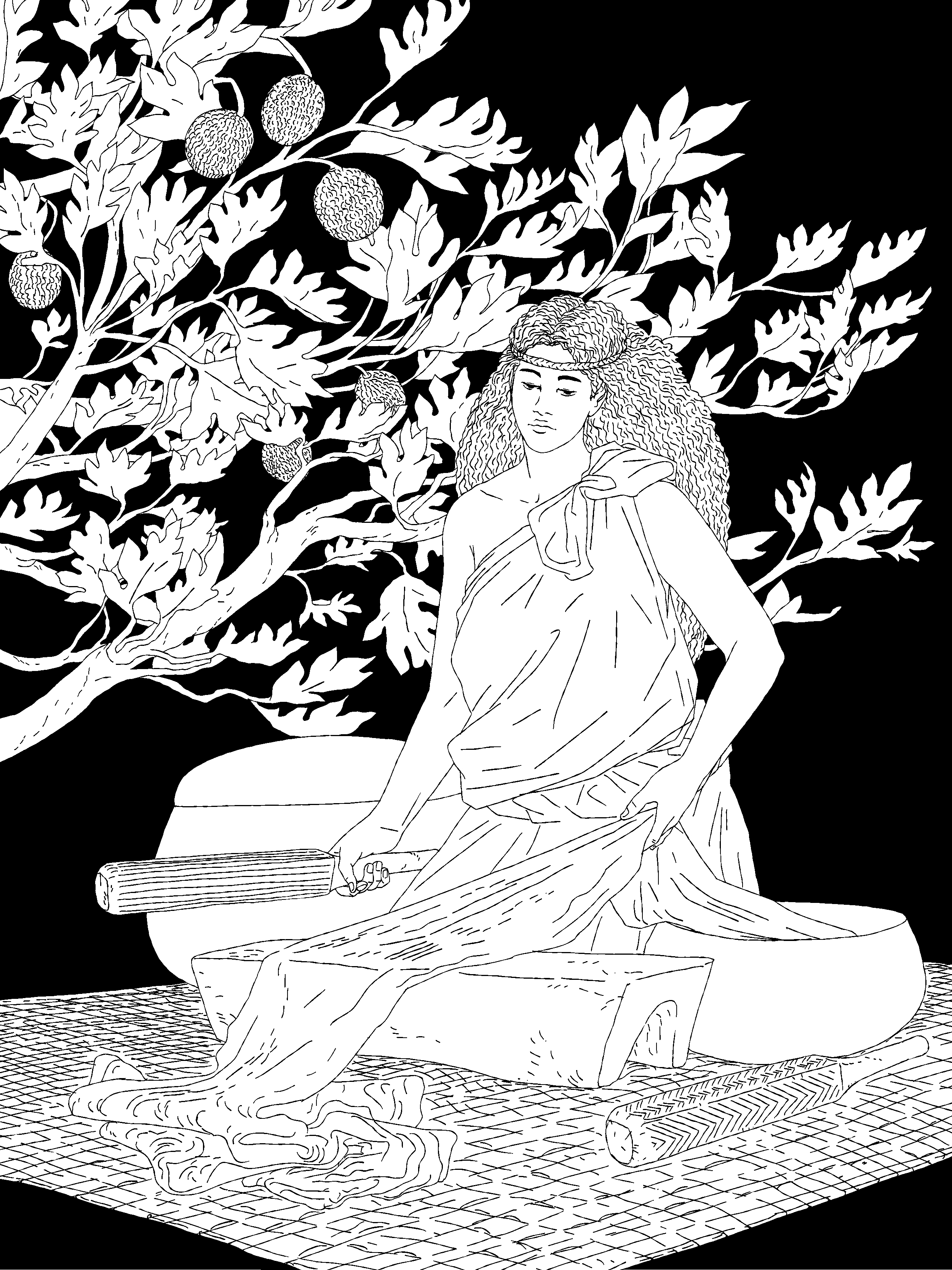 A black-and-white drawing by Solomon Enos: a seated woman holding a wooden mallet beneath a leafy tree.