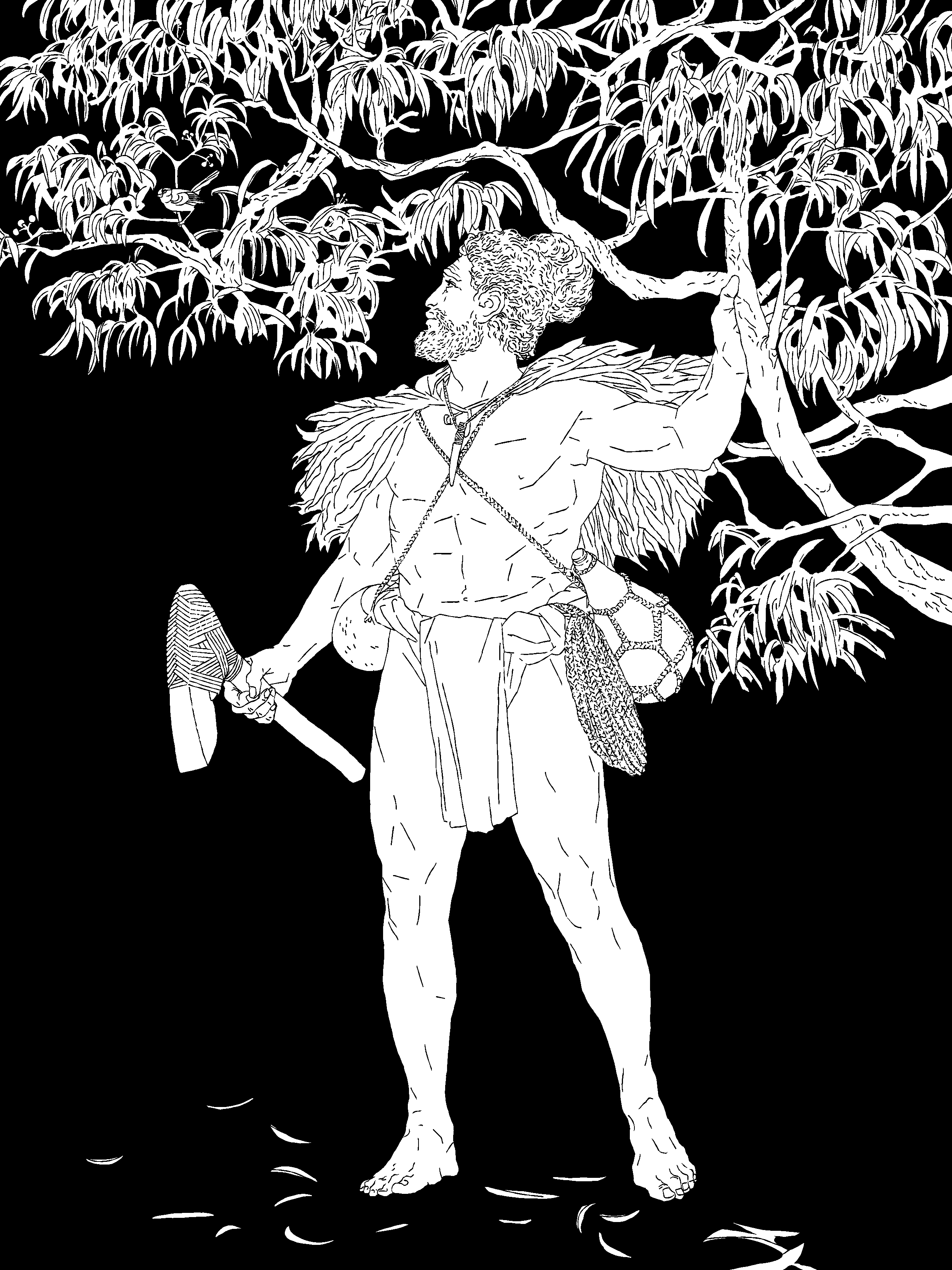 A black-and-white drawing by Solomon Enos: a figure standing beneath a tree, looking up and to the left into the leaves.