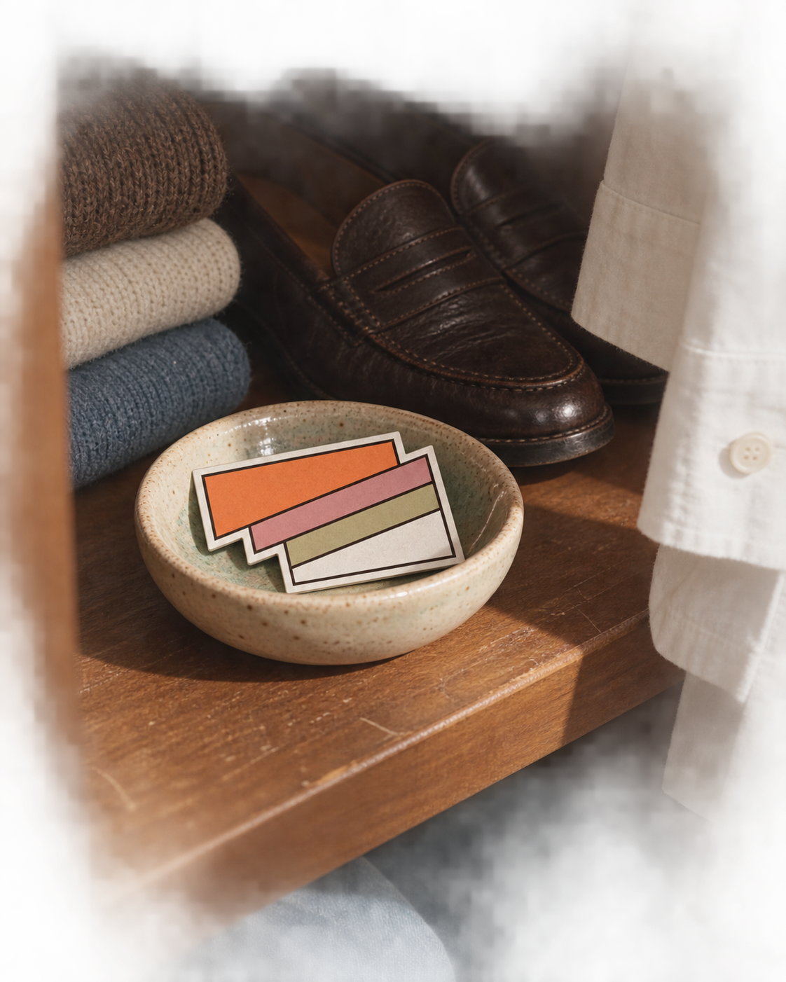 Beyond · West, a credit-card-sized fragrance card on a ceramic dish in a wardrobe.